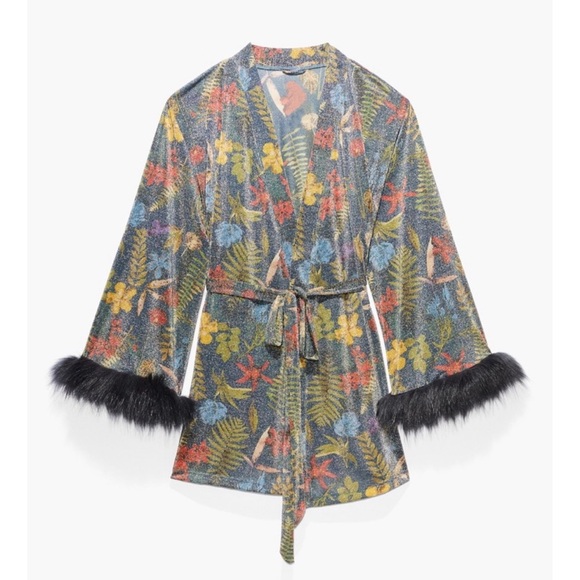 Savage x Fenty Shimmer Floral Kimono with Black Faux Fur Trim - XL / 1X (14-18)